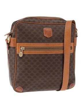 Authentic CELINE Macadam Canvas Shoulder Bag PVC Leather Brown Gold